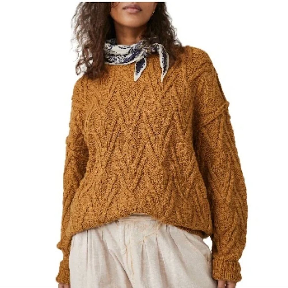Free People Sweater Women Small Camel Isla Cable Knit Tunic Cotton Blend Boho